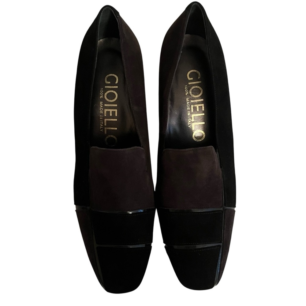 Gioiello Black Patent Leather Suede Color Block Block Heel Pump 39(8) NEW